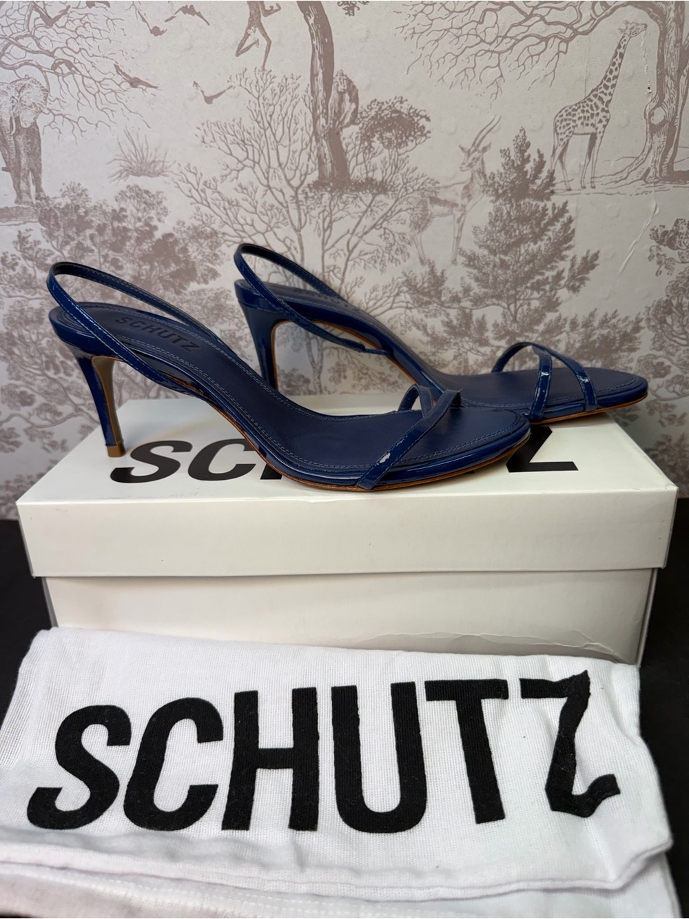 Schutz Diana Mid Sandal in Infinite Blue patent leather kitten heel strappy - Picture 3 of 9